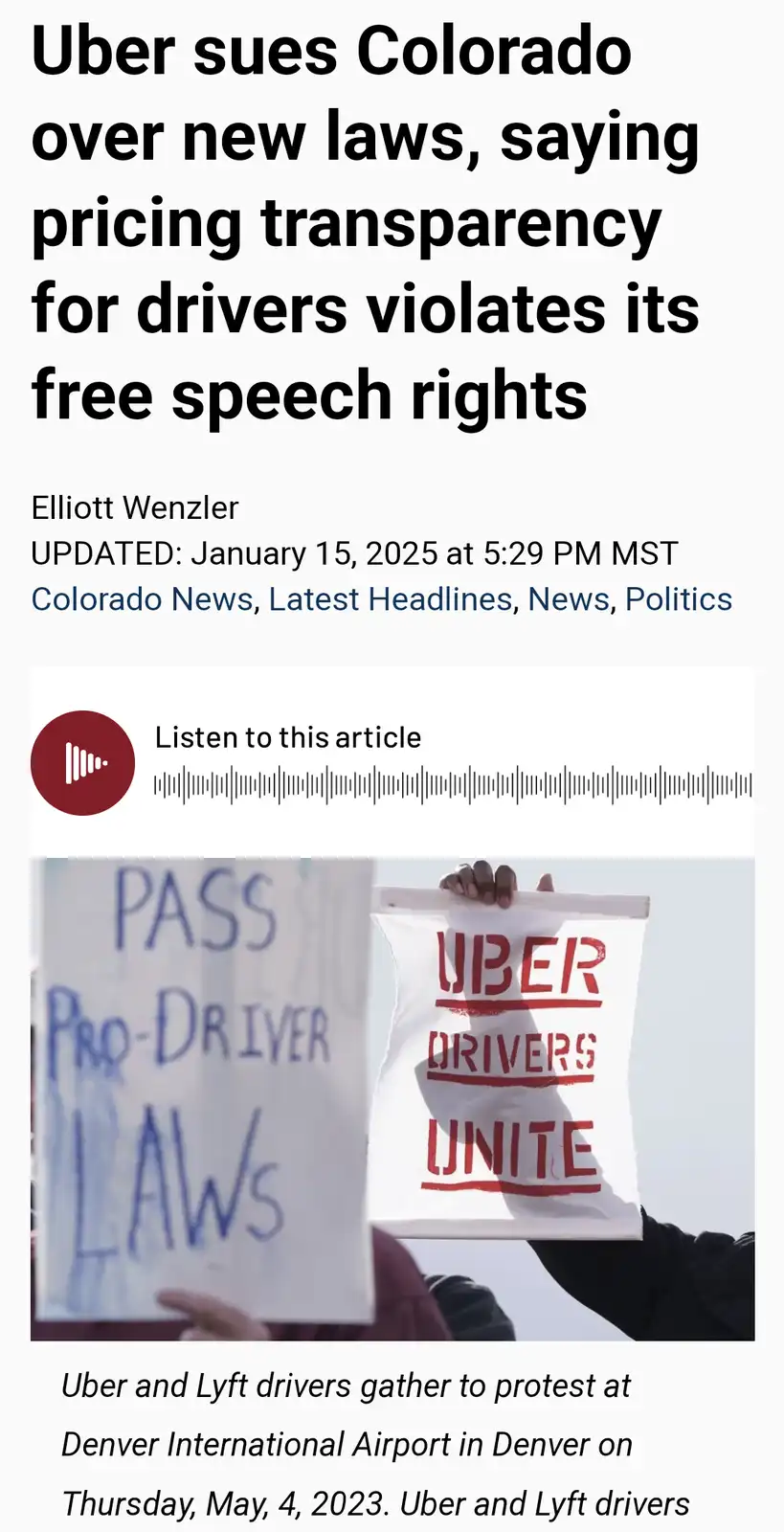 A screenshot of a news article with a headline about Uber suing Colorado over pricing transparency laws. Below the headline…