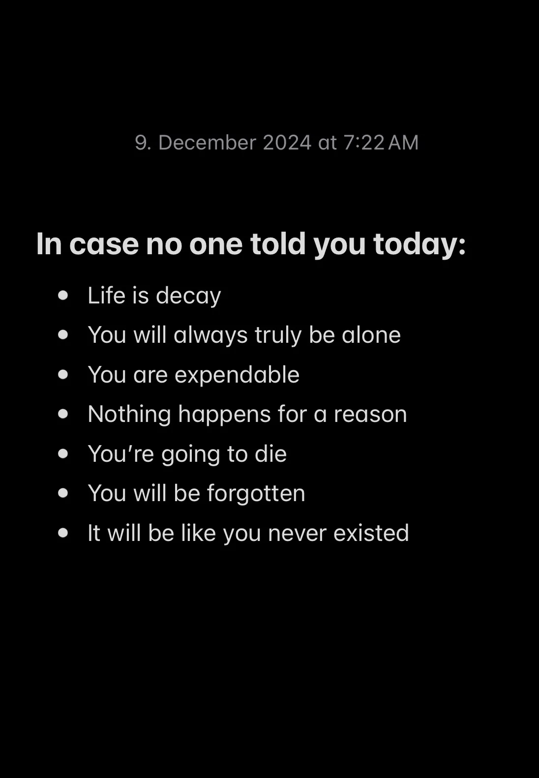 A black background with white text displays a timestamp '9. December 2024 at 7:22 AM' followed by the heading 'In case no…