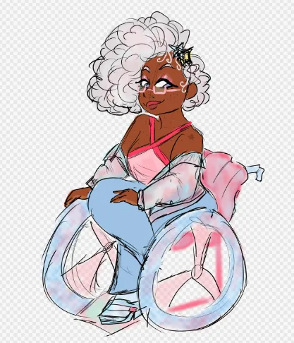 A cartoon illustration of a Black woman with a large, curly white afro and a small star-shaped hair clip, sitting…