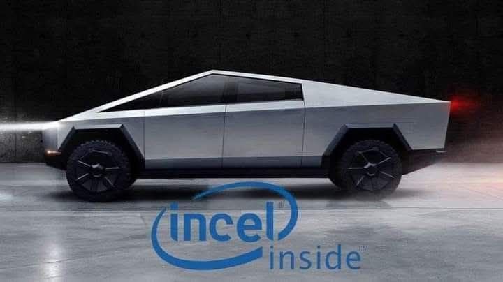 A silver, angular, futuristic-looking Tesla Cybertruck is shown in profile against a dark, gritty background. The image has…