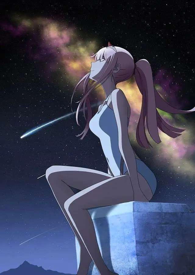 An anime girl with purple hair and cat ears sits on a concrete block, gazing upward at a starry night sky with a colorful…