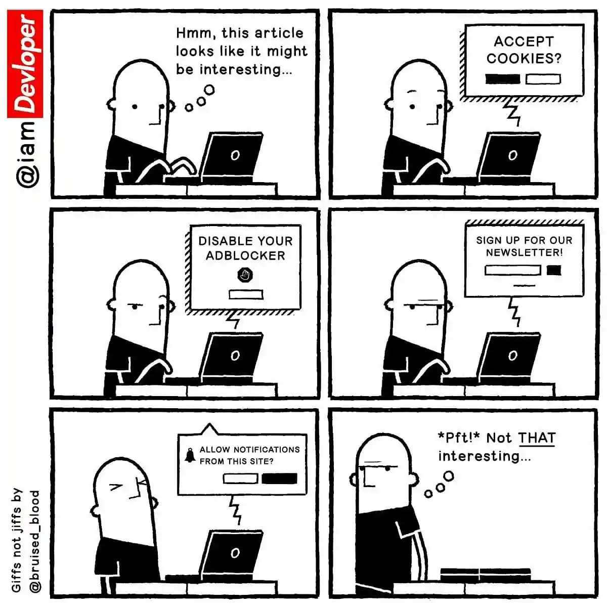 A six-panel comic strip shows a bald man at a laptop initially interested in an article, but then repeatedly interrupted by…