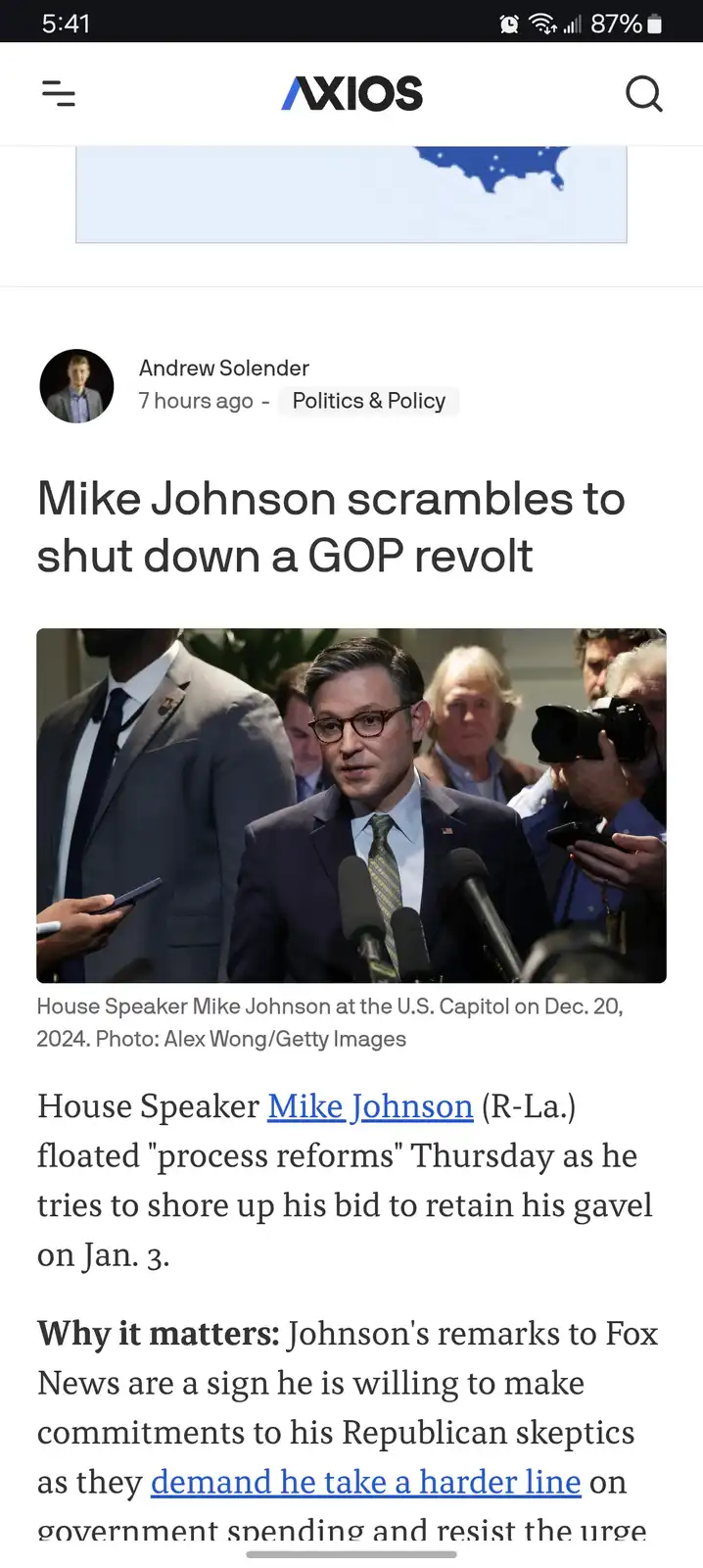 A screenshot of an Axios news article shows a photo of House Speaker Mike Johnson speaking at a press conference surrounded…