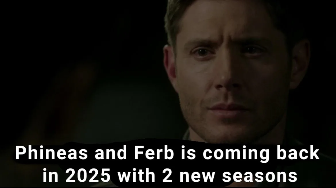 A close-up of actor Jensen Ackles with a serious, skeptical expression, overlaid with white text stating 'Phineas and Ferb…