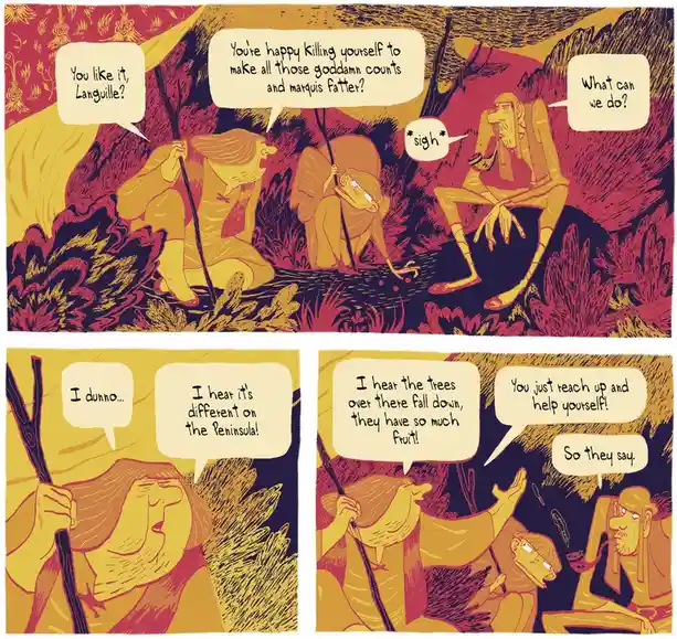 A comic strip with three panels showing three stylized, orange-hued figures in a red and yellow forest. One figure asks…