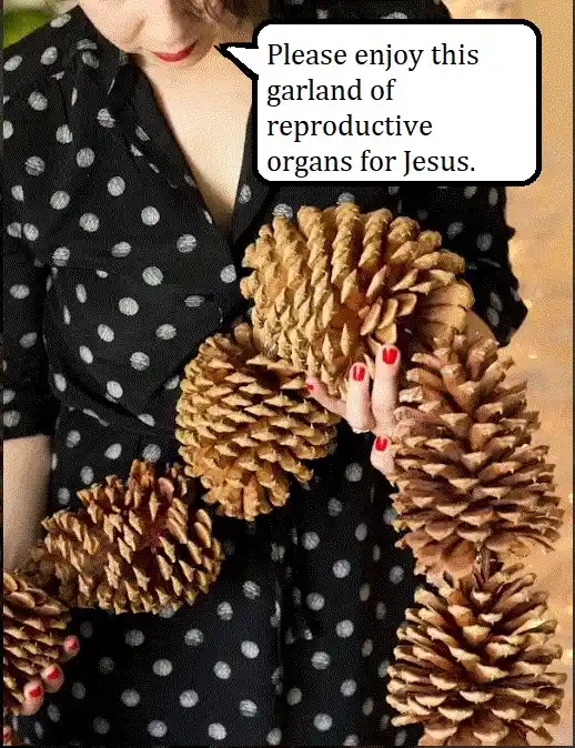 A woman in a black polka-dot dress holds a string of pinecones, which are humorously labeled as a 'garland of reproductive…