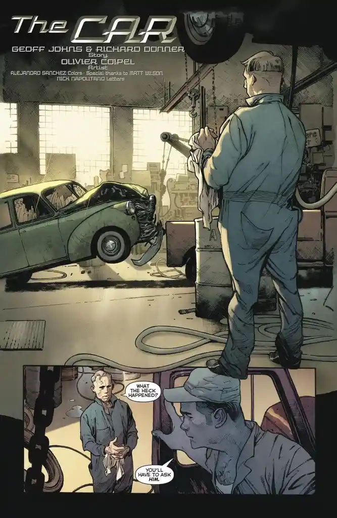 A comic book panel shows a man in overalls standing in a garage looking at a severely damaged green car. In a smaller inset…