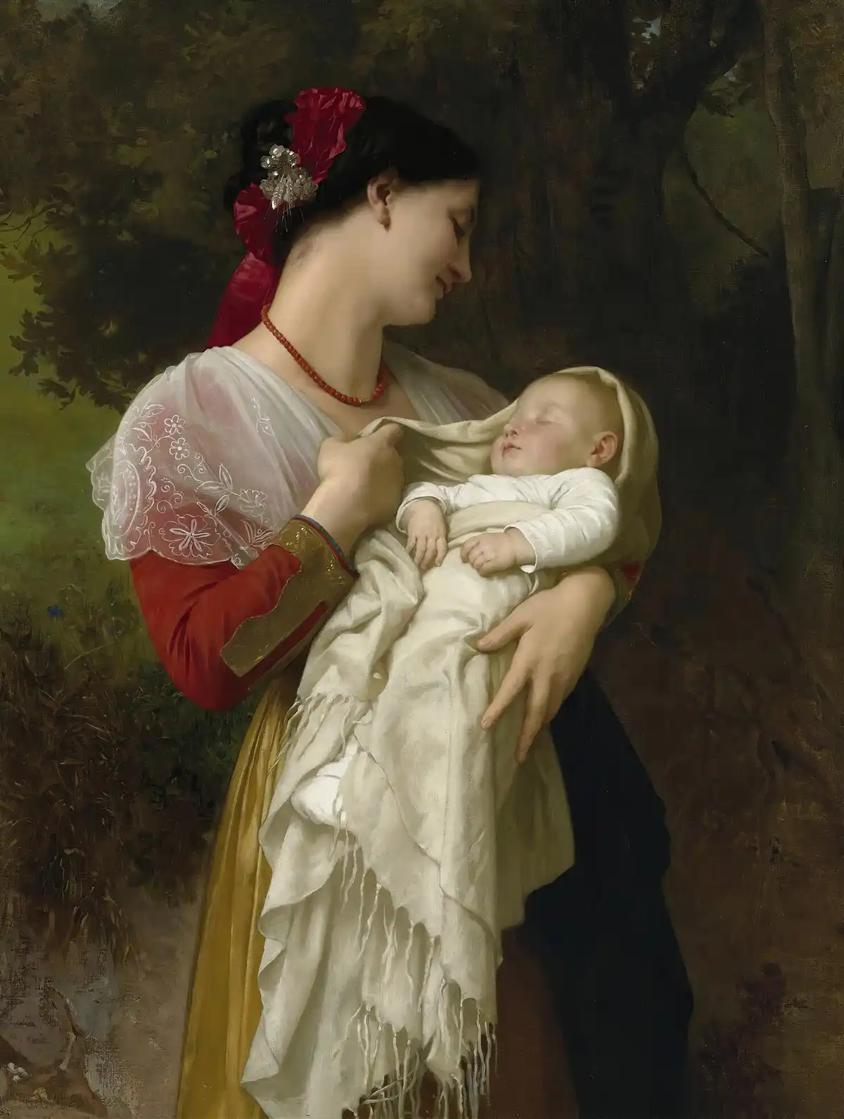 A classical painting depicts a woman in ornate 19th-century attire holding a sleeping infant wrapped in white fabric. The…