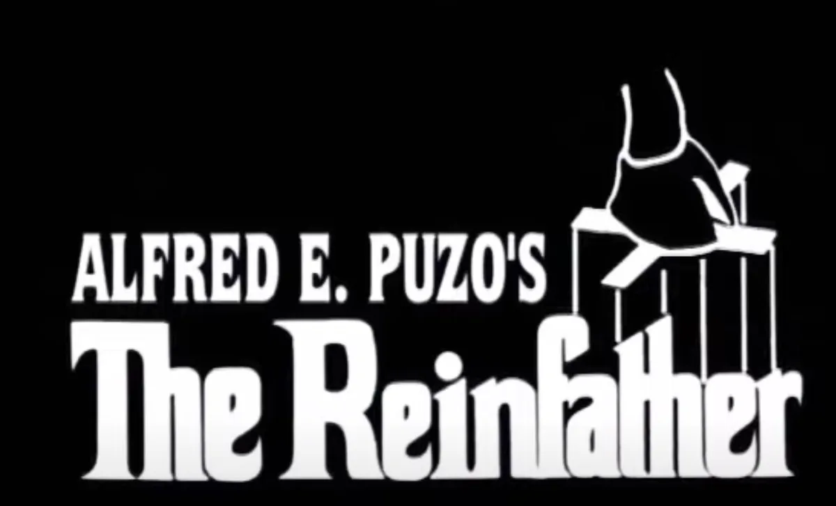A black-and-white image displays the title card for a fictional movie, featuring the text 'ALFRED E. PUZO'S The Reinfather'…