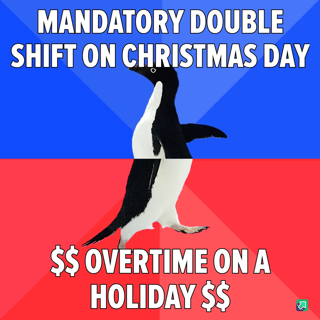 A penguin stands centered against a blue and red background, with bold white text at the top reading 'MANDATORY DOUBLE SHIFT…