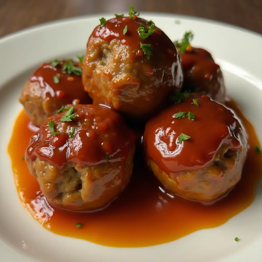A close-up photo shows four meatballs on a white plate, generously covered in a glossy, reddish-brown sauce and garnished…