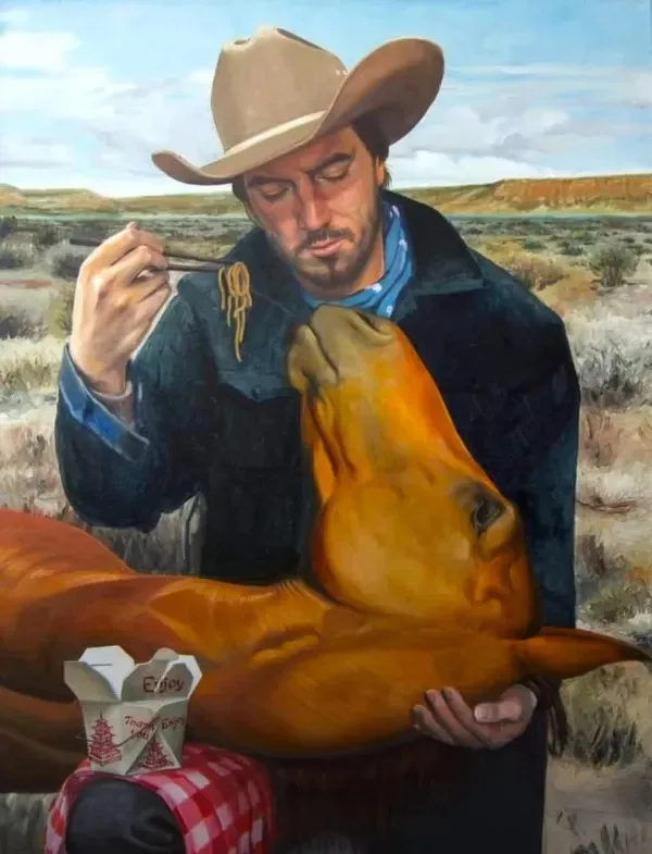 A man in a cowboy hat and jacket is feeding noodles from chopsticks to a horse in a desert landscape. A takeout container…