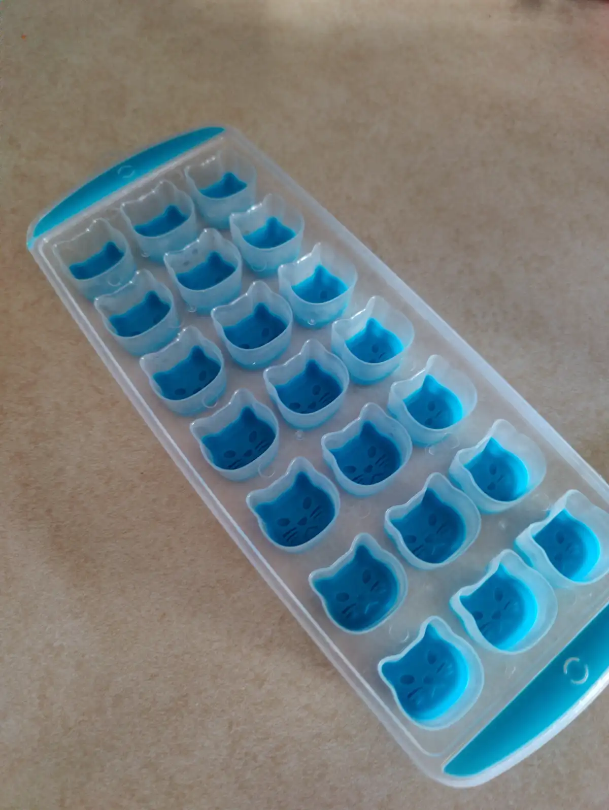 A transparent plastic ice cube tray with cat-shaped molds, filled with blue liquid, sits on a beige countertop. The text…