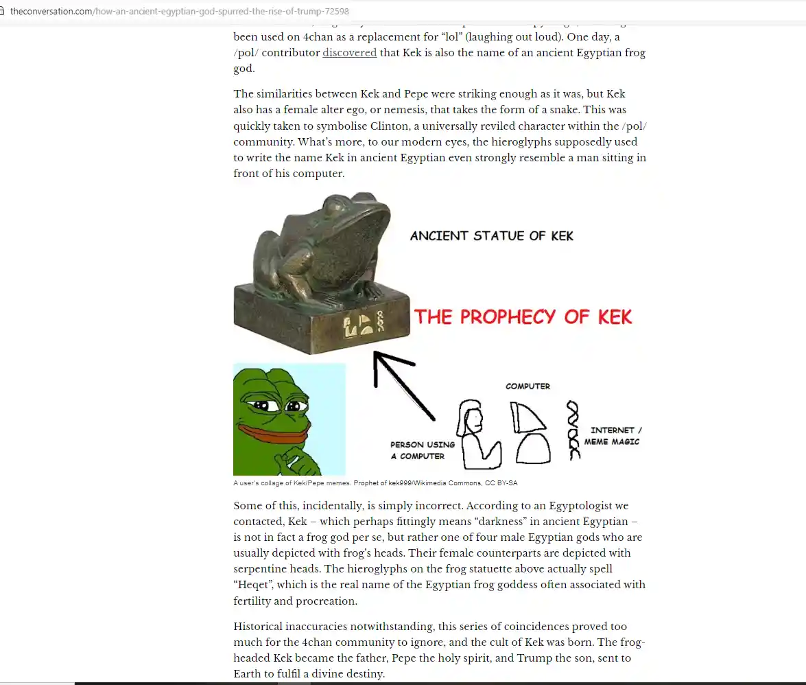An image shows a bronze frog statue labeled 'ANCIENT STATUE OF KEK' with an arrow pointing to a cartoon diagram labeled 'THE…