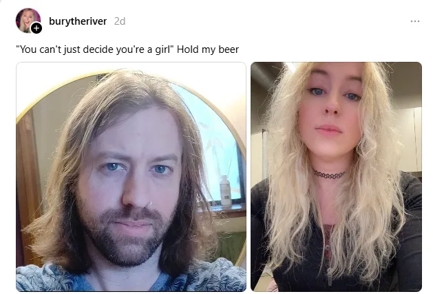 The image displays two side-by-side selfies: on the left, a man with long brown hair and a beard looking at the camera; on…