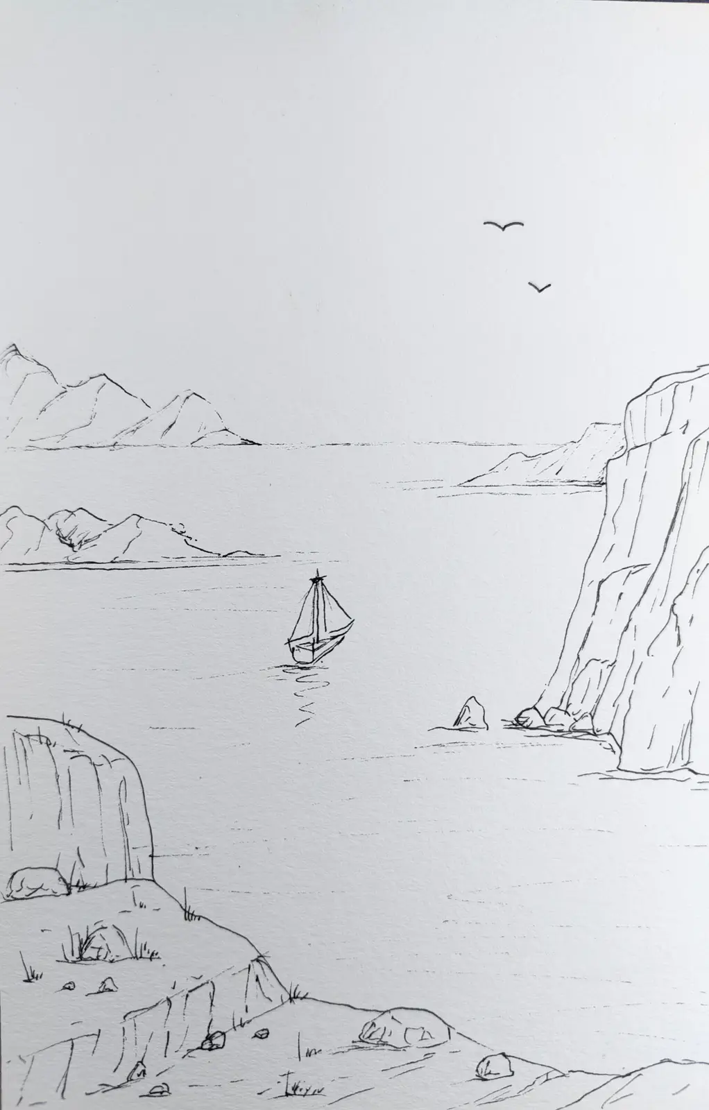 A simple black-and-white line drawing depicts a serene seascape with a sailboat on calm water, flanked by cliffs and distant…