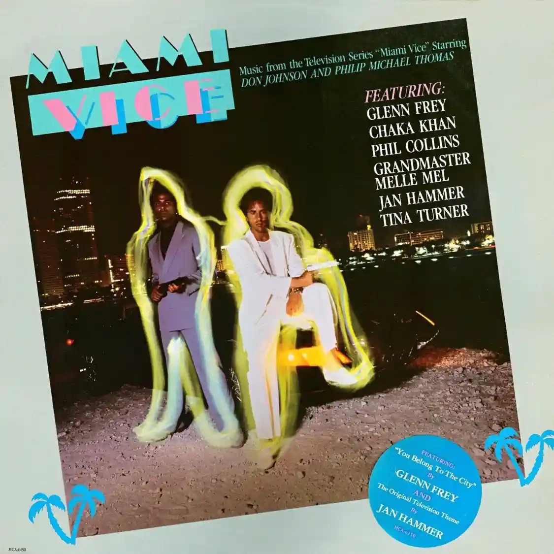 The image shows the cover art for the 'Miami Vice' TV show soundtrack album, featuring two men in suits standing against a…