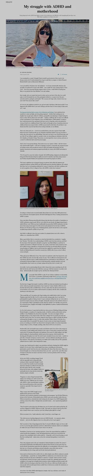 An article titled 'My struggle with ADHD and motherhood' is shown, featuring a photo of a woman in sunglasses on a boat…