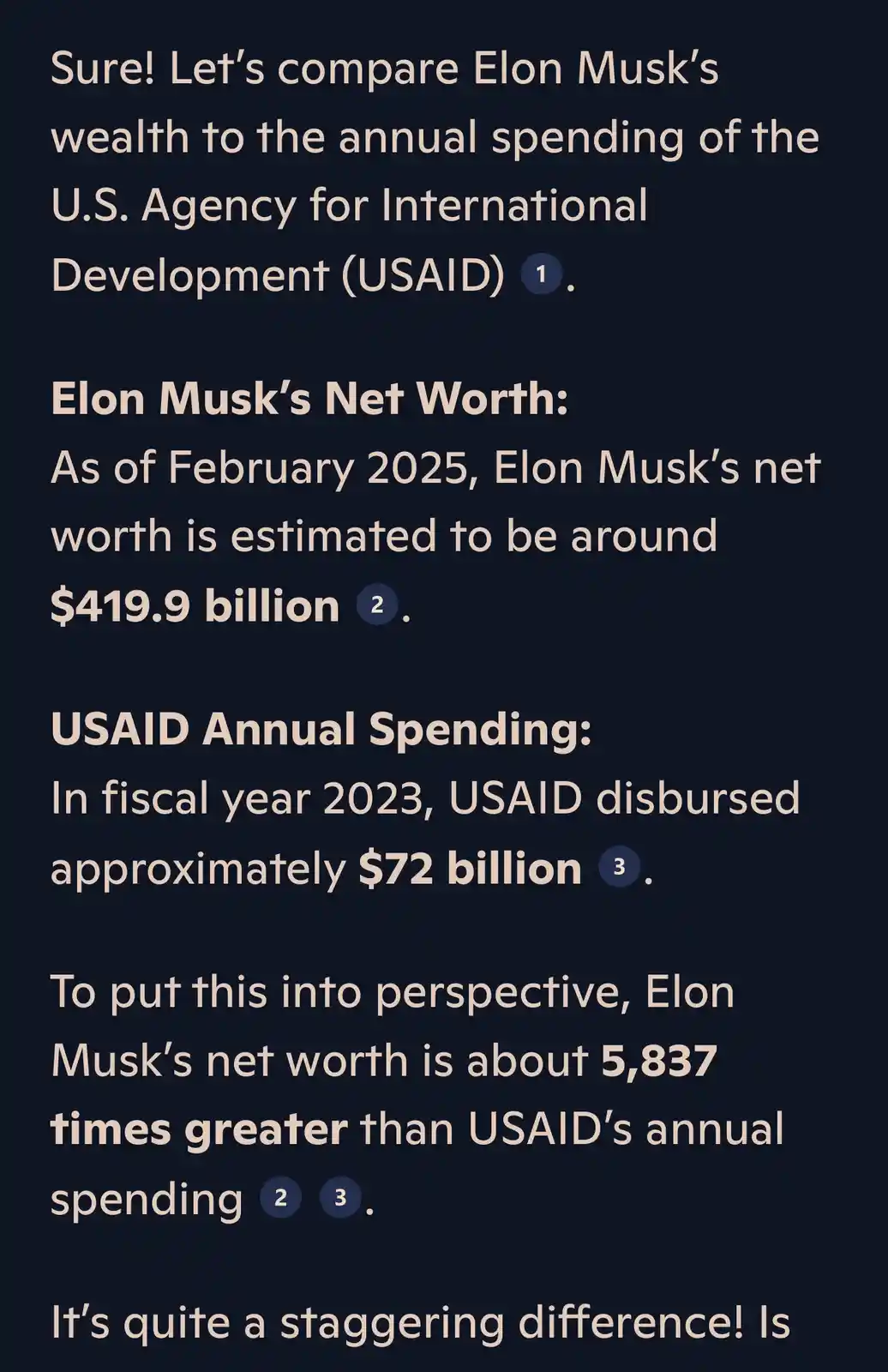 The image displays a text-based comparison on a dark background, stating that Elon Musk's net worth as of February 2025 is…
