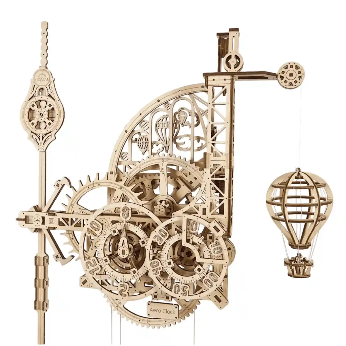 A complex wooden mechanical clock with gears, levers, and a hot air balloon suspended by a pulley system, labeled 'Aero…
