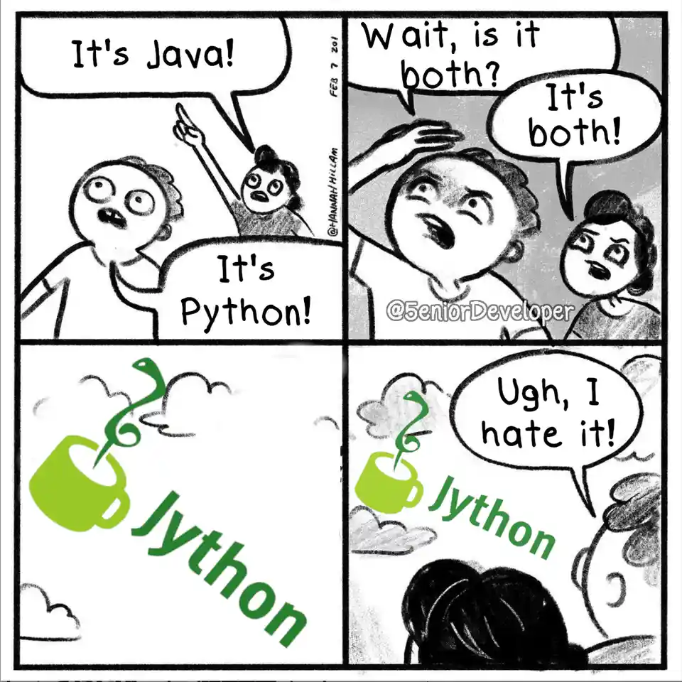 A four-panel comic shows two people arguing over whether a programming language is Java or Python. The first panel has one…