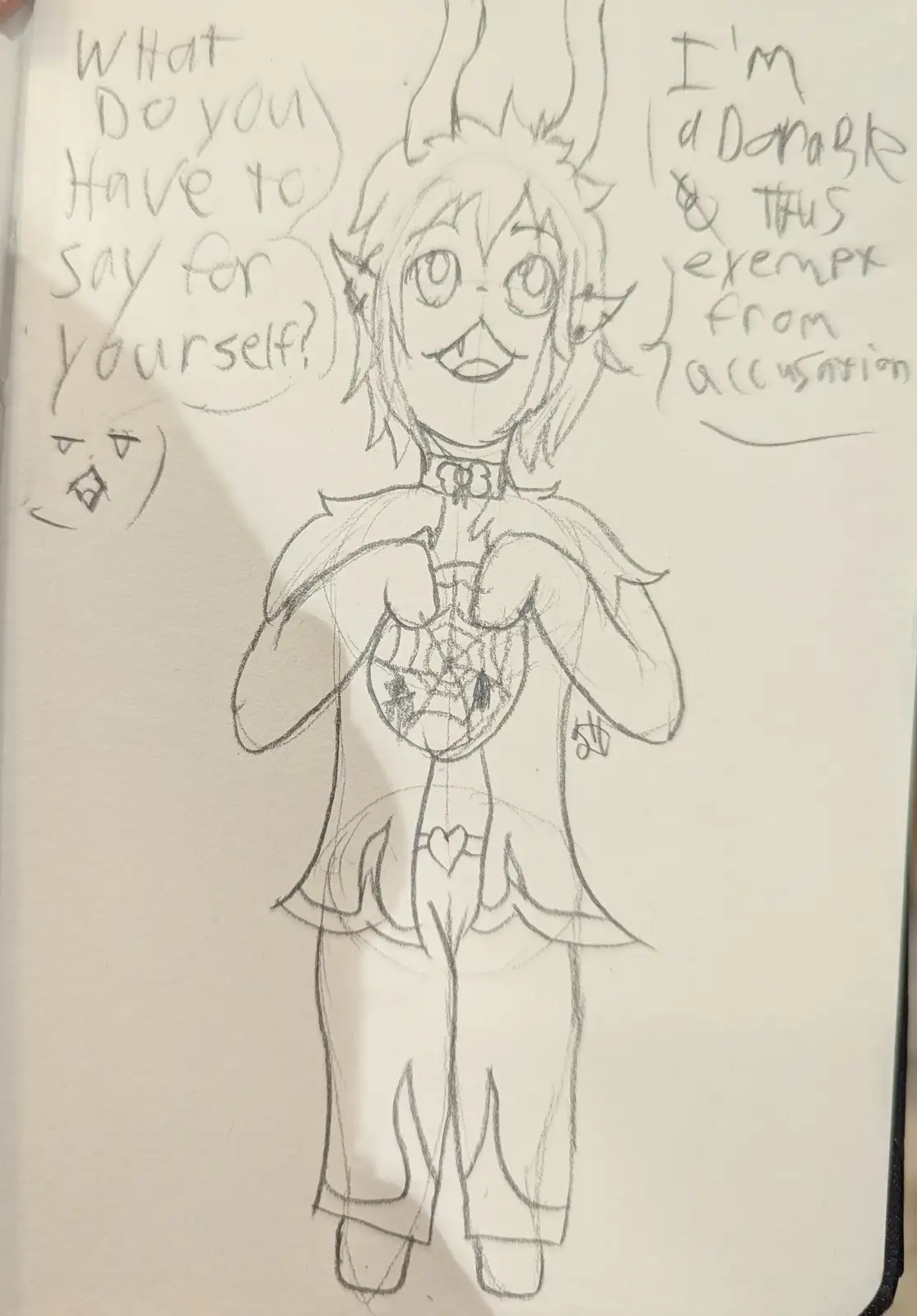 A hand-drawn pencil sketch of an anime-style character with horns, pointed ears, and a confident smile, holding their chest…