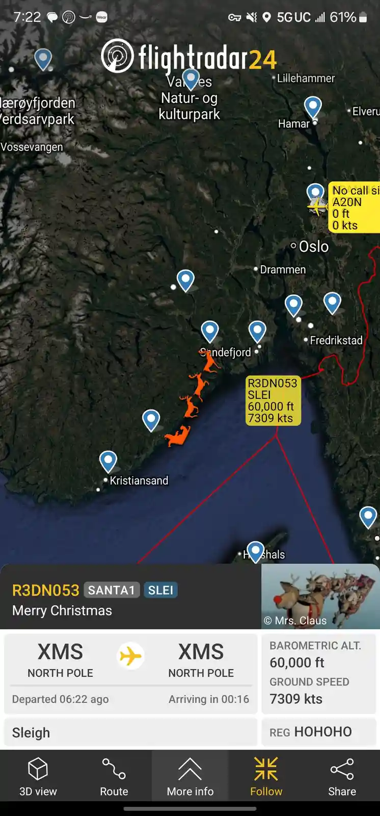A Flightradar24 screenshot shows a flight labeled 'SANTA1' with a route from the North Pole to Oslo, humorously depicted as…