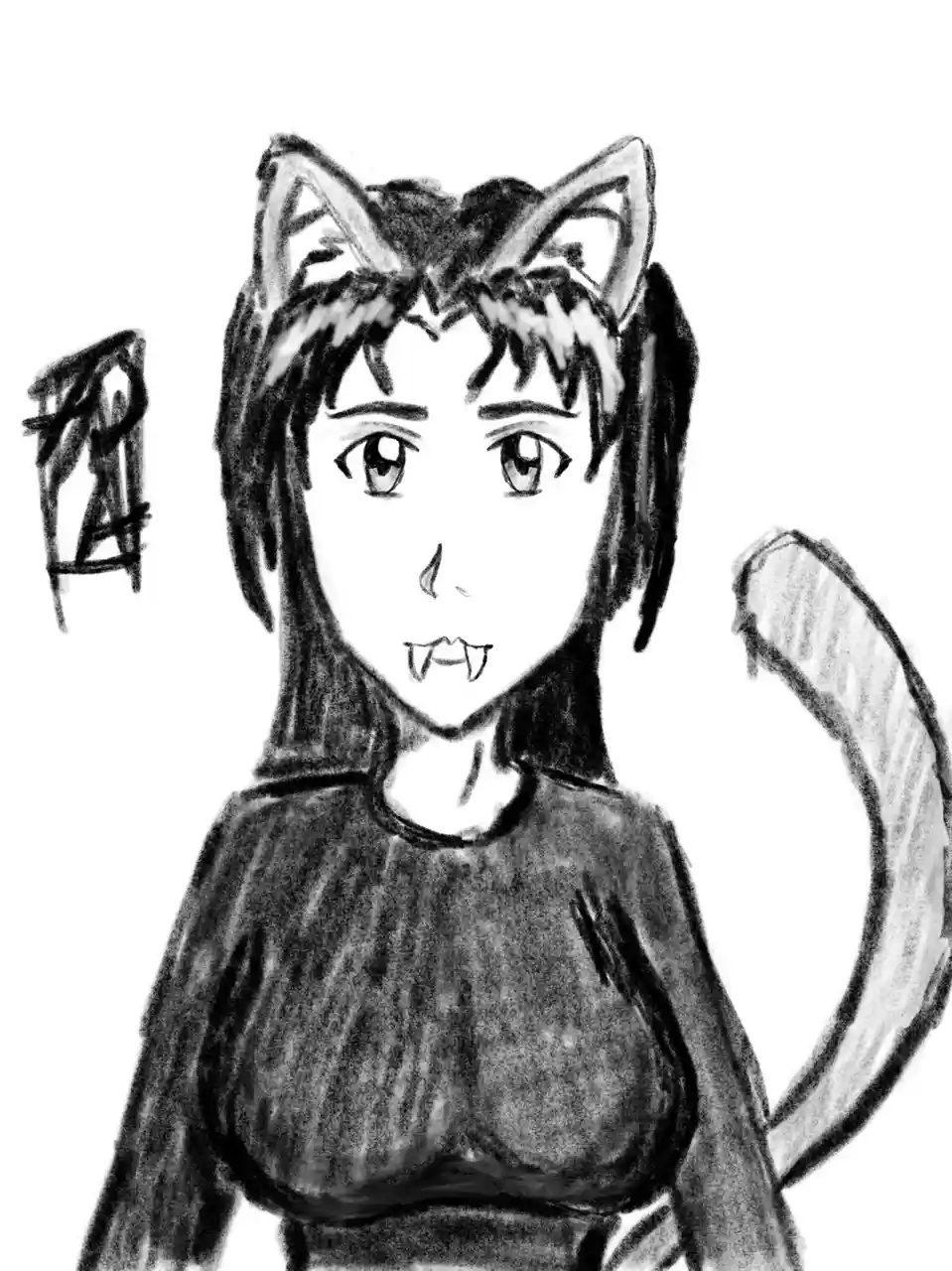 A black-and-white sketch depicts an anime-style female character with cat ears, a tail, and fangs, wearing a top. The text…