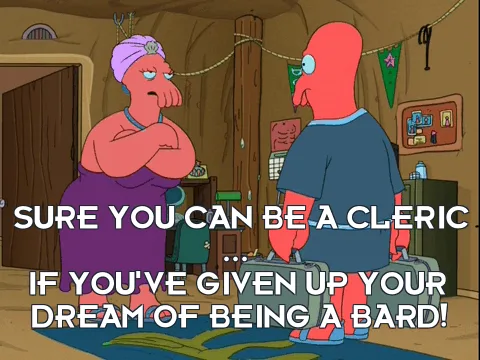 A six-panel comic strip from 'Futurama' shows a red-skinned man with a bald head and a purple-skinned woman with a turban…