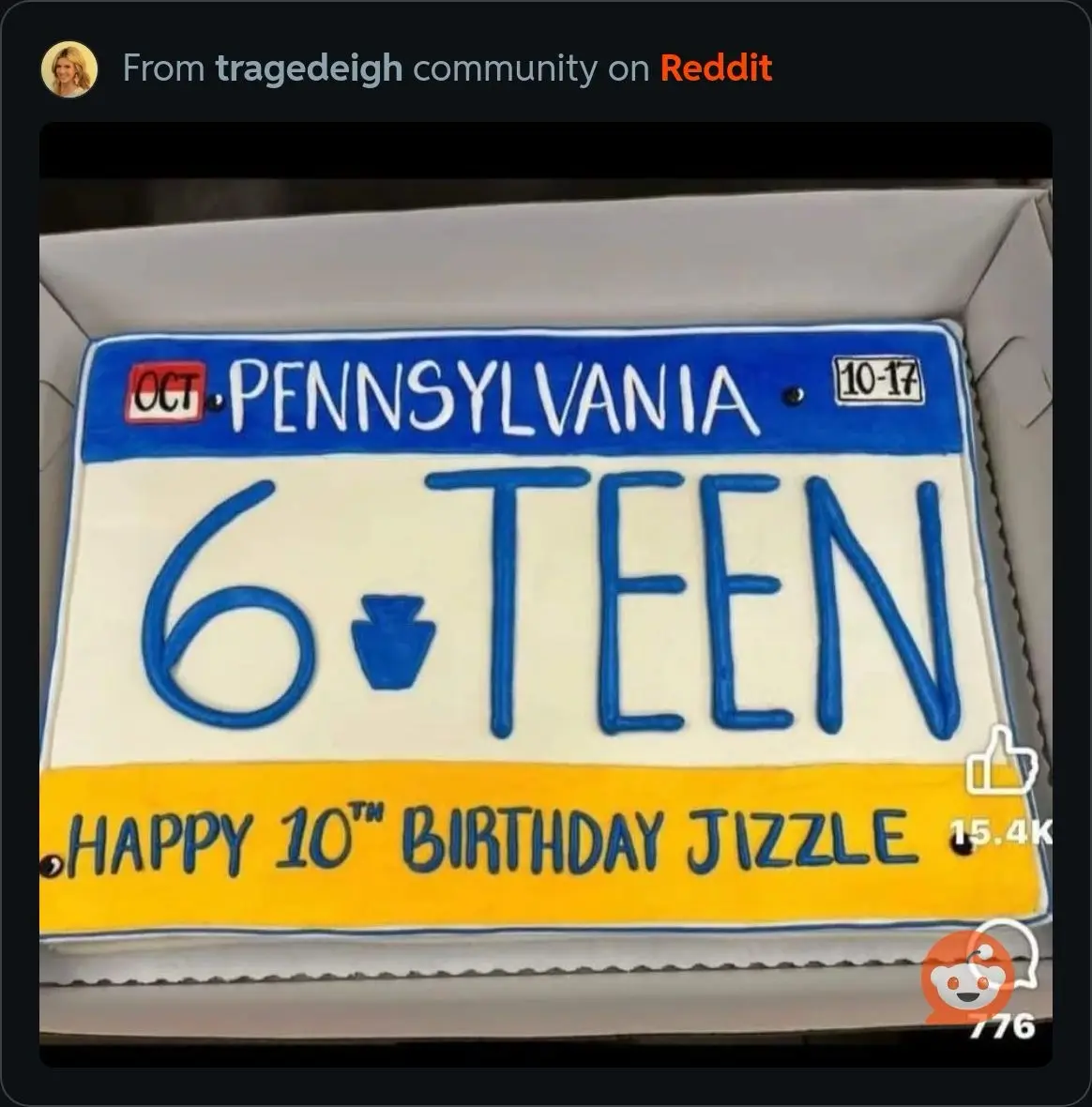 A birthday cake shaped and decorated to look like a Pennsylvania license plate, featuring the text '6 TEEN' with a heart…