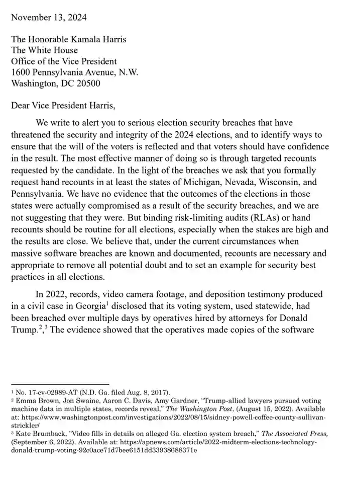 A letter dated November 13, 2024, addressed to Vice President Kamala Harris, claims to alert her to election security…