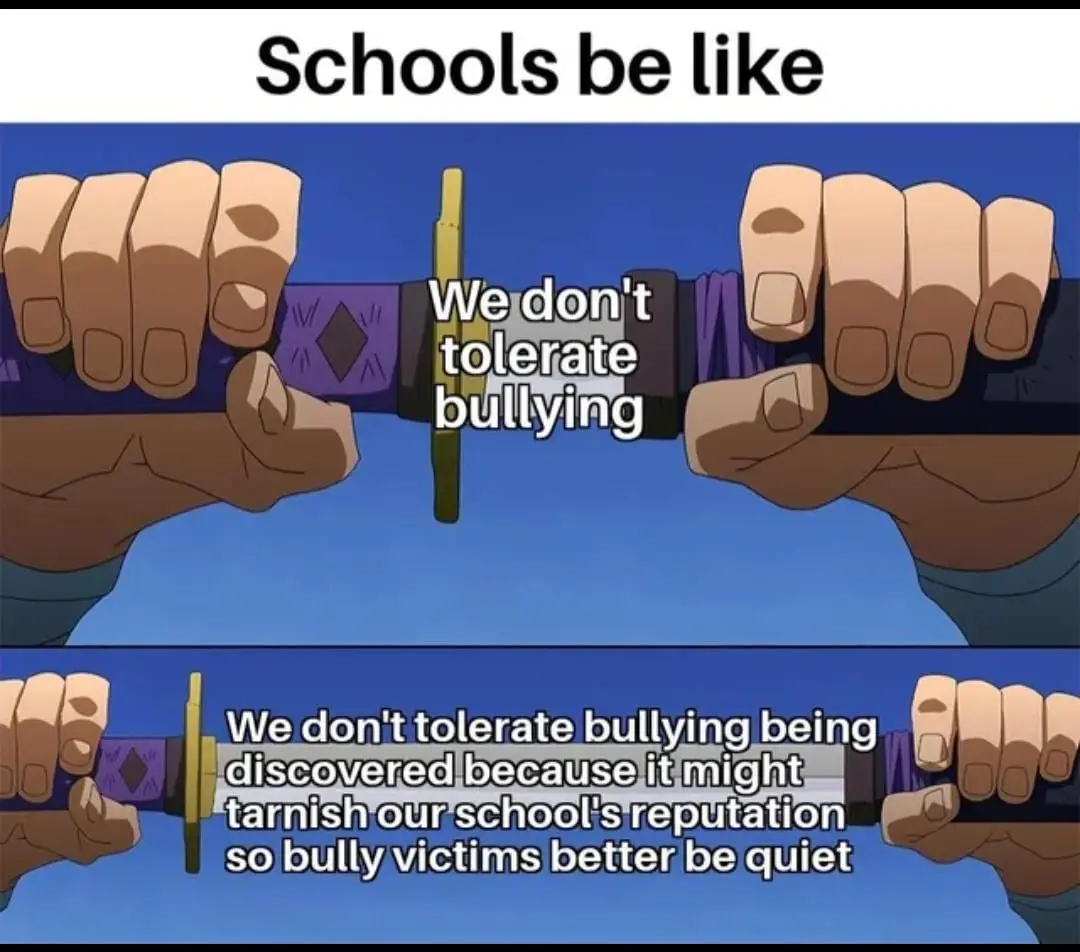 The image shows two hands gripping a sword hilt, with the blade pointing downward. The top panel has text saying 'We don't…