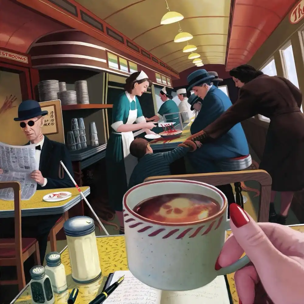 A vintage-style diner scene with patrons and staff, viewed from over a coffee mug held by a hand with red nail polish. The…