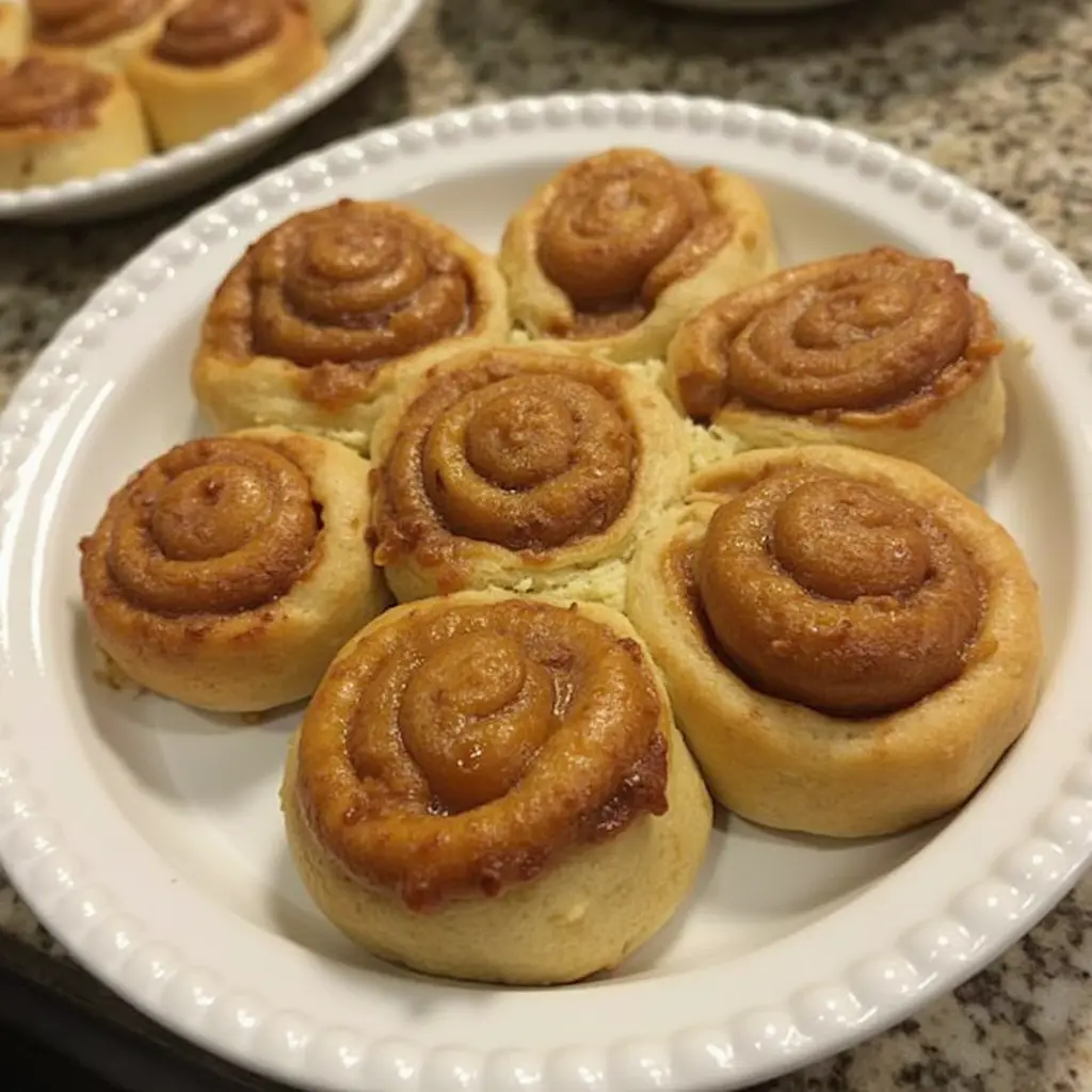 A close-up photo shows seven golden-brown cinnamon rolls arranged on a white plate with a beaded rim, sitting on a speckled…