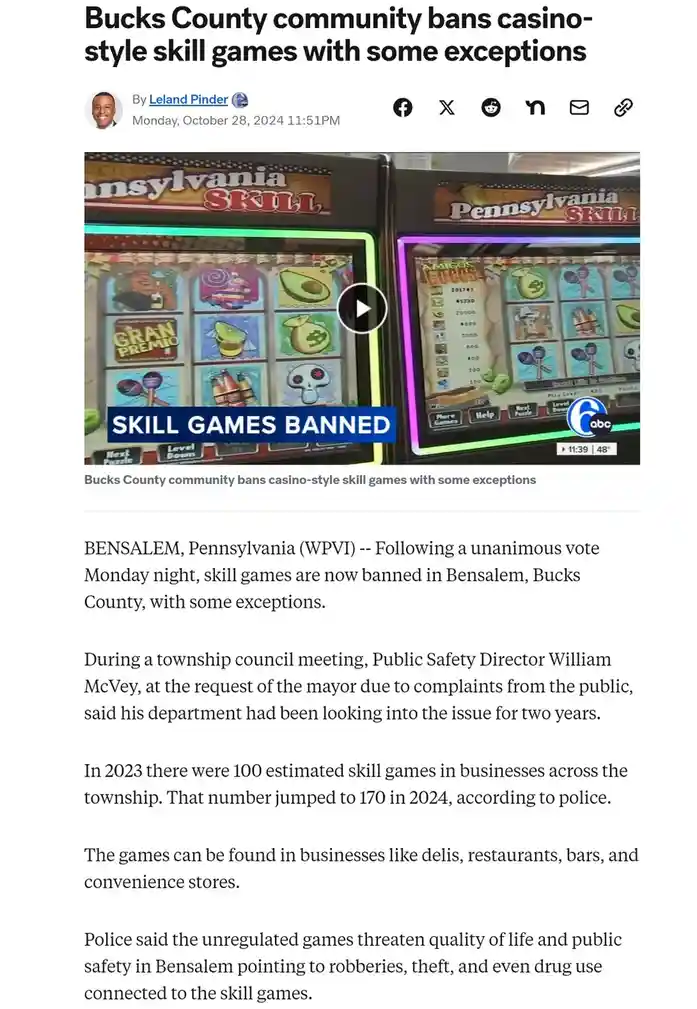 A screenshot of a news article about Bucks County banning casino-style skill games, featuring a photo of two 'Pennsylvania…