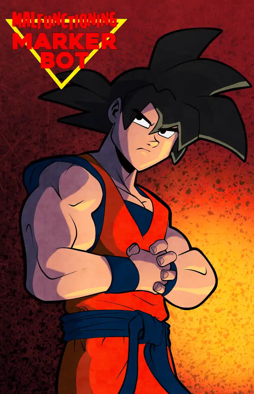 An anime-style illustration of a muscular character with spiky black hair, wearing an orange and blue gi, standing with arms…