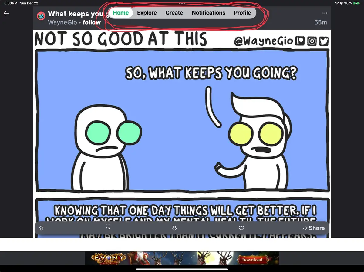A cartoon comic strip shows two white stick figures with large eyes; one asks the other 'so, what keeps you going?' The…
