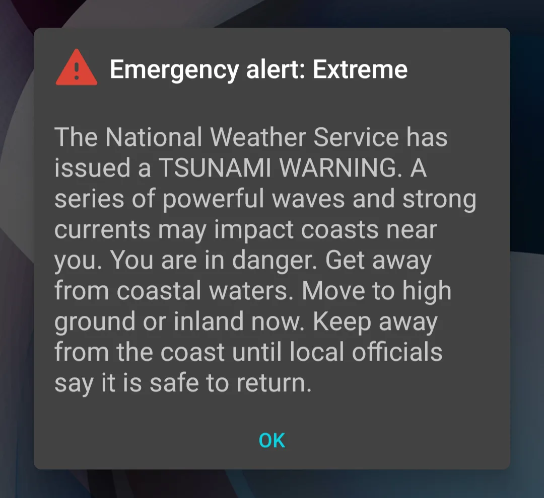 A screenshot of a smartphone emergency alert popup with a red warning triangle and white text. The alert reads 'Emergency…