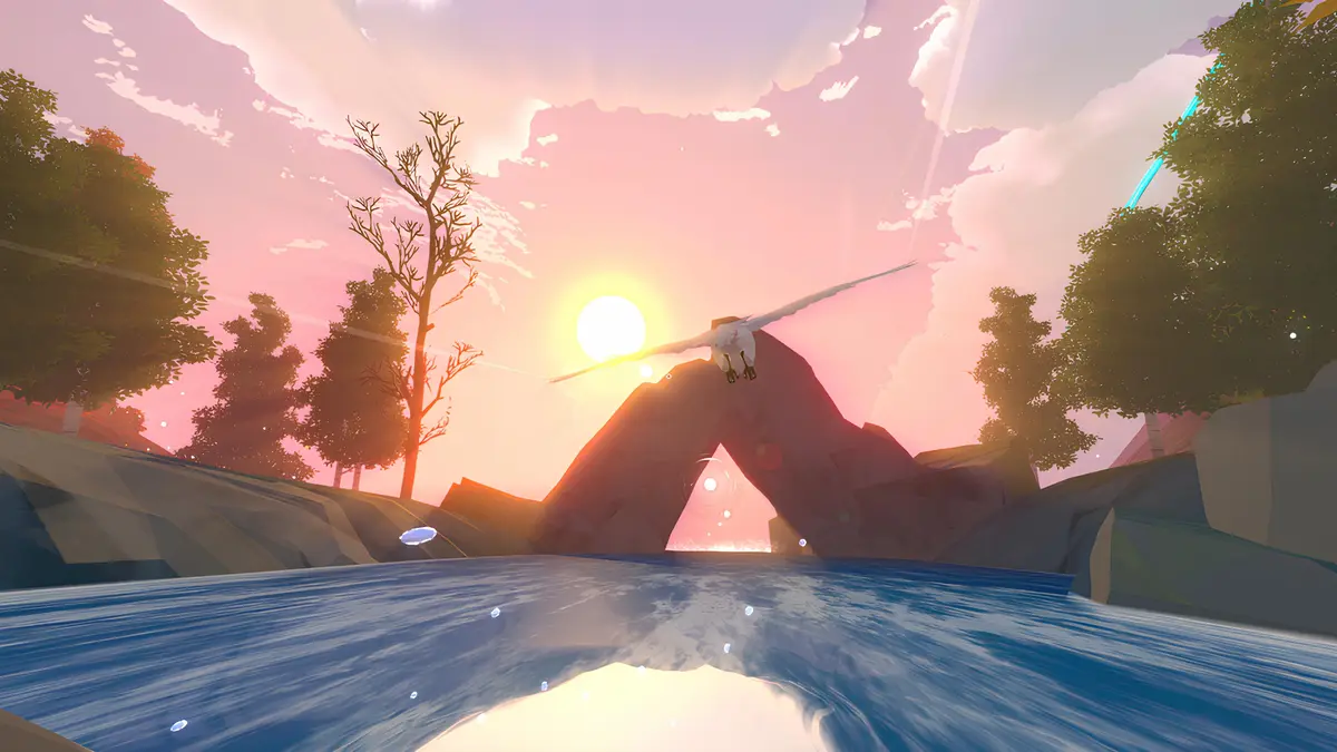 A serene, stylized video game scene depicts a white bird flying over a body of water toward a rocky archway at sunset, with…