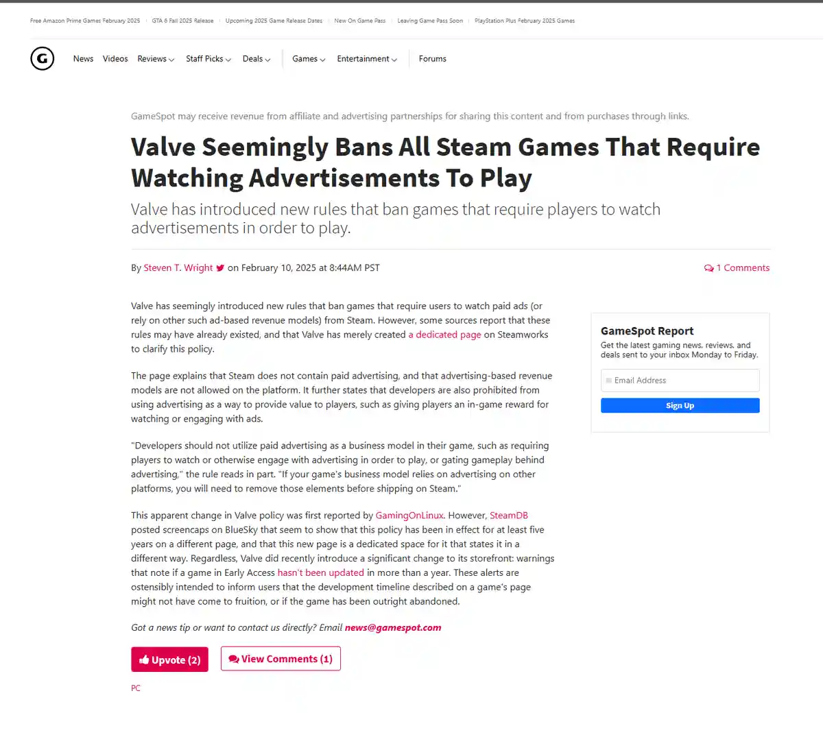 A screenshot of a GameSpot news article from February 10, 2025, with the headline 'Valve Seemingly Bans All Steam Games That…