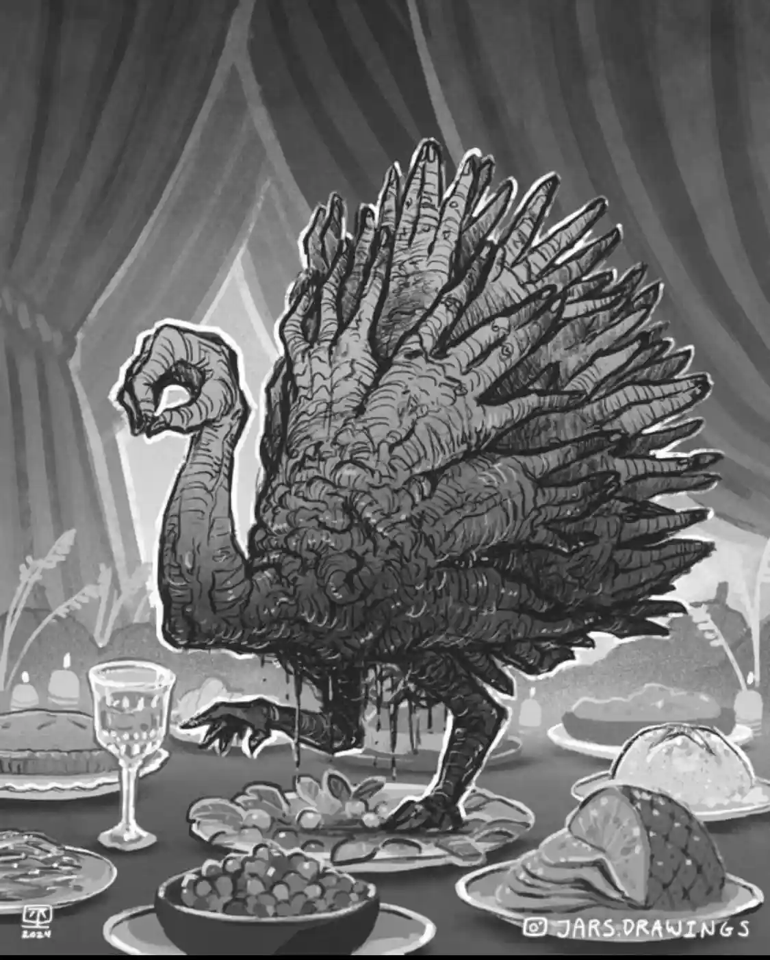A black-and-white illustration shows a grotesque, monstrous turkey with a human hand replacing its tail feathers, standing…