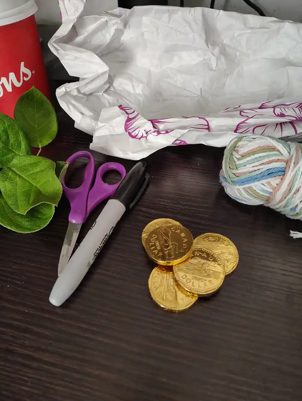A dark wooden table holds four gold-wrapped chocolate coins labeled 'CANADA 2020 DOLLAR', next to purple scissors, a white…