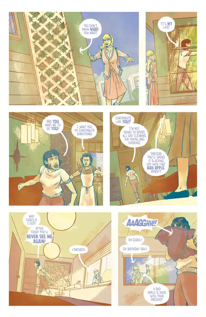 A comic strip depicts a heated domestic argument between two women. One woman, in a pink dress, accuses the other of not…
