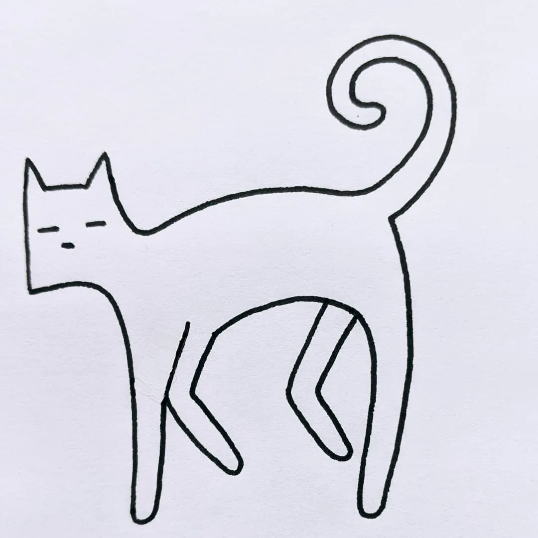 A simple black outline drawing of a cat standing on its hind legs with its front legs dangling down, its tail curled up in a…