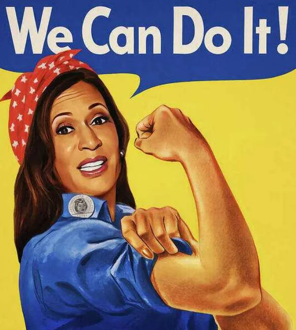 A digitally altered version of the iconic 'We Can Do It!' WWII poster, featuring Kamala Harris in the pose of the original…