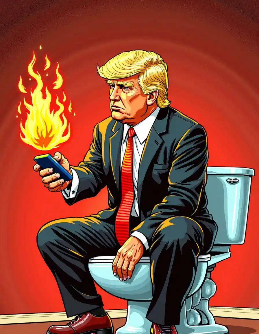 A cartoon illustration shows a man with distinctive blonde hair, wearing a dark suit, red tie, and red shoes, sitting on a…