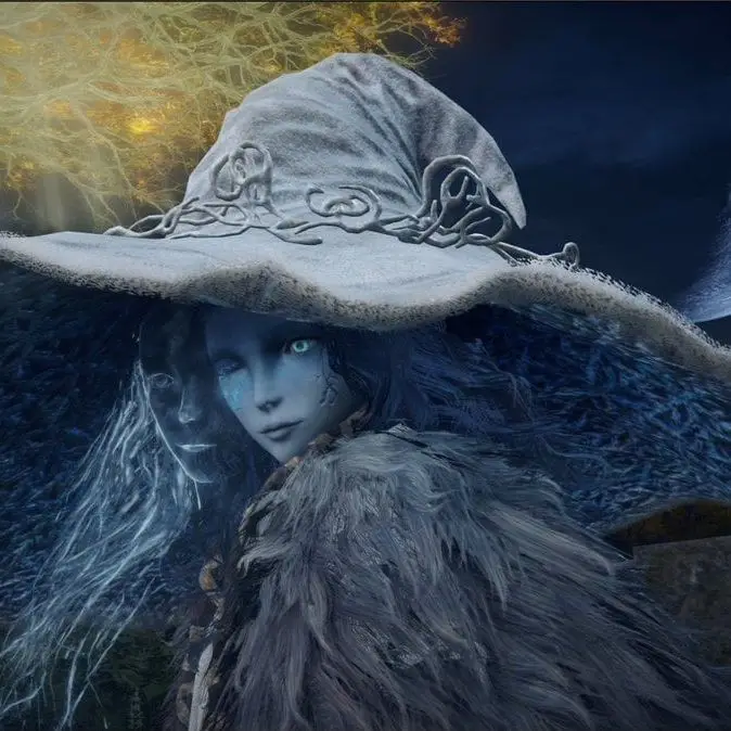A character with pale skin, glowing blue eyes, and a large, ornate grey witch's hat is shown in a dark, mystical setting…