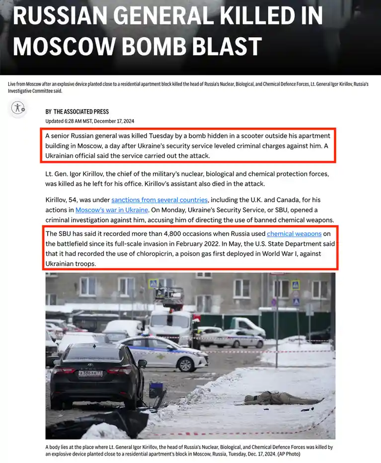 A screenshot of an Associated Press news article from December 17, 2024, reports the killing of Russian General Igor…