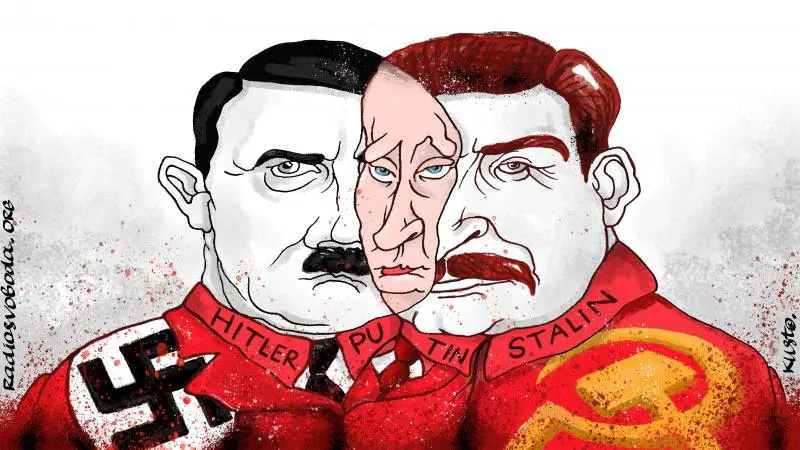 A cartoon depicts a composite figure with the face of Vladimir Putin split between the left side of Adolf Hitler's face and…