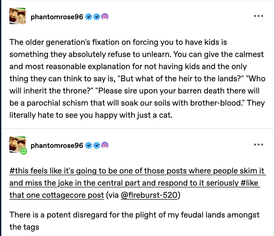 A screenshot of a social media post by 'phantomrose96' with a long text rant about how older generations fixate on forcing…